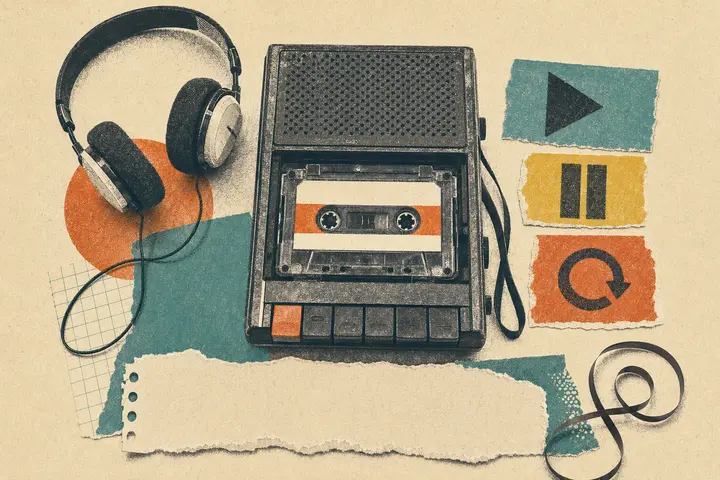 Printed collage of a cassette recorder, headphones, and three playback marks.